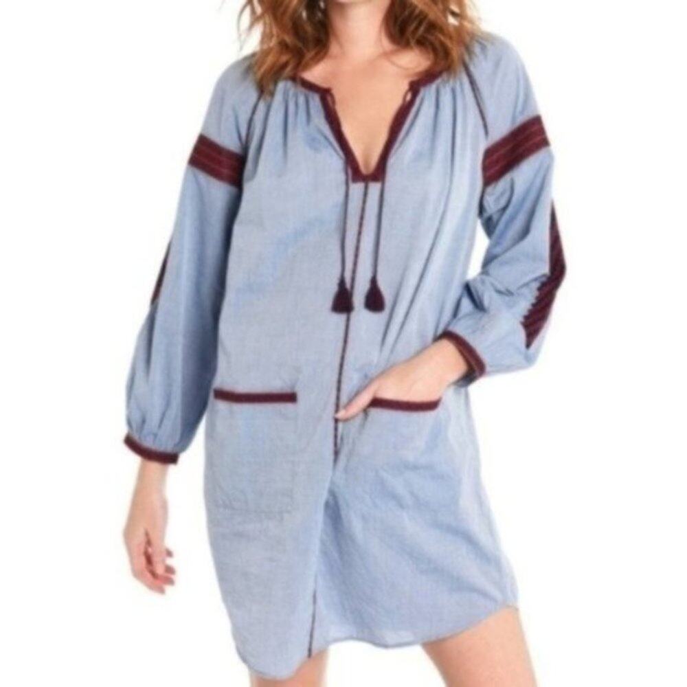 JOIE Adelind Cotton Chambray Embroidered Long Sleeve Dress NEW Women's Small